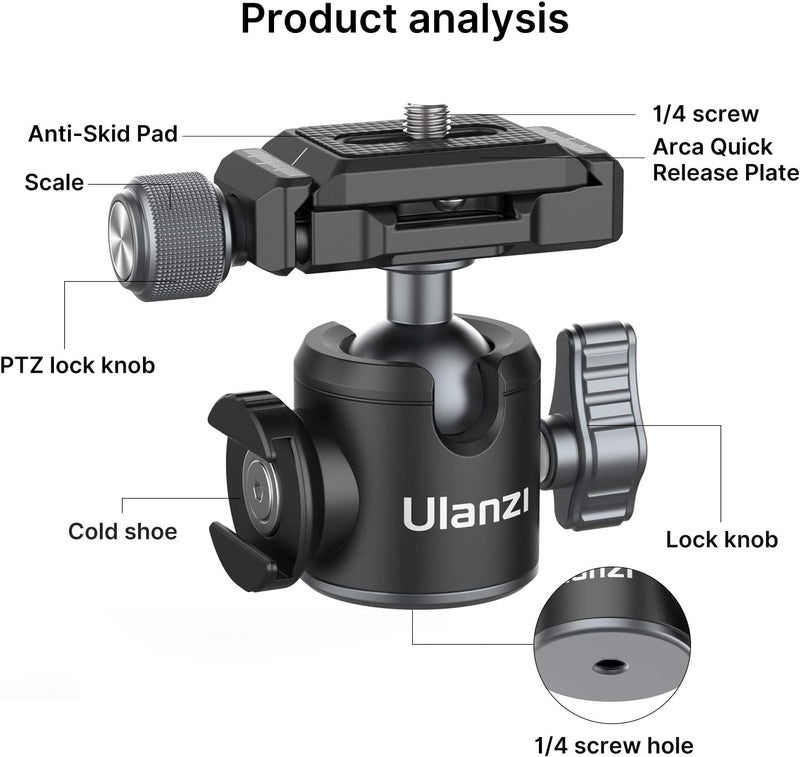 PICTRON تركيب كاميرا معدني ULANZI U-80L برأس كروي Arca Swiss دوار 360 مع لوحة إطلاق سريعة وحذاء بارد، سعة تحميل 22lbs/10kg لثلاثي القوائم 1/4"، أحادي القوائم، DSLR - Image 3